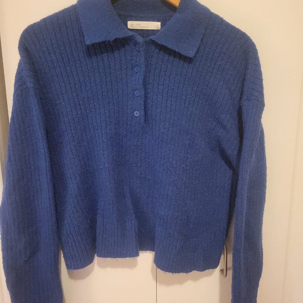 Oak & Fort blue sweater with collar and button down front size XS